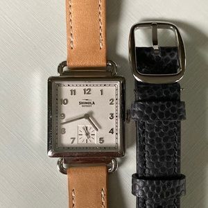 SHINOLA Cass 28mm Watch w/Natural Leather Band + Replacement Black Leather Band